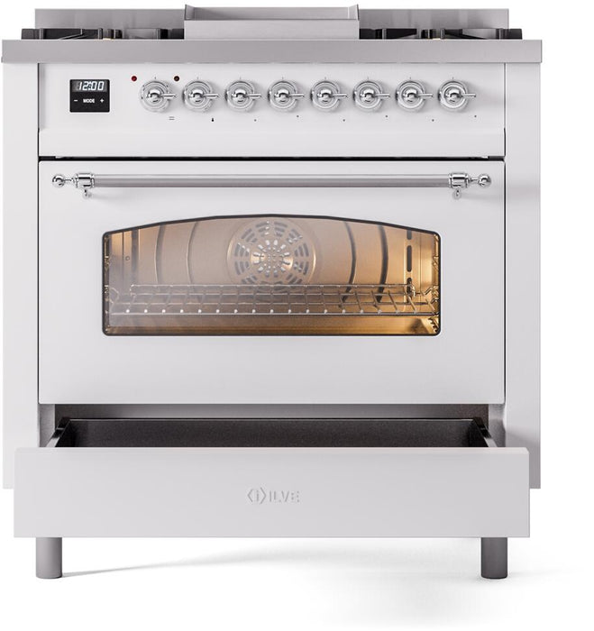 ILVE Nostalgie II 36" Dual Fuel Natural Gas Range, White, Chrome Trim UP36FNMPWHC