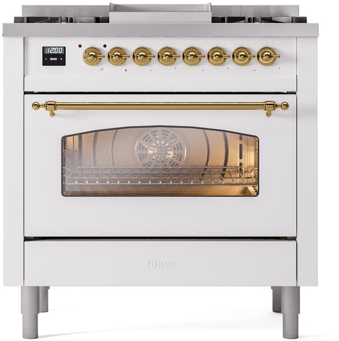 ILVE Nostalgie II 36" Dual Fuel Natural Glass Range, White, Brass Trim UP36FNMPWHG