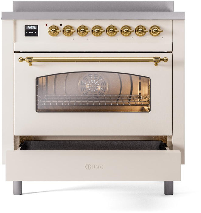 ILVE Nostalgie II 36" Electric Range, Antique White, Brass Trim UPI366NMPAWG