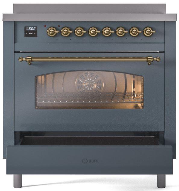 ILVE Nostalgie II 36" Electric Range, Blue Grey, Brass Trim UPI366NMPBGG