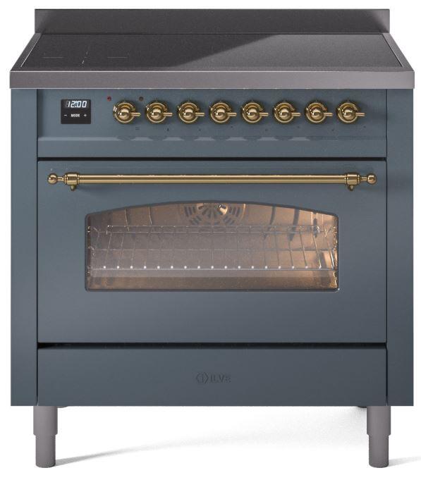 ILVE Nostalgie II 36" Electric Range, Blue Grey, Brass Trim UPI366NMPBGG