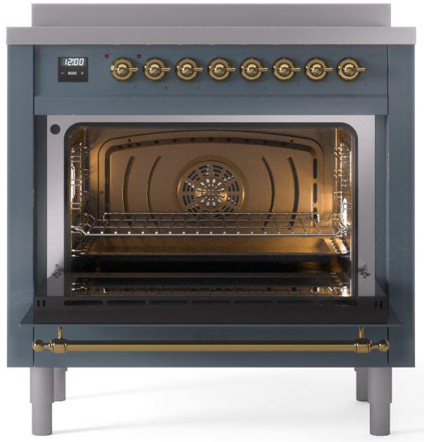 ILVE Nostalgie II 36" Electric Range, Blue Grey, Brass Trim UPI366NMPBGG