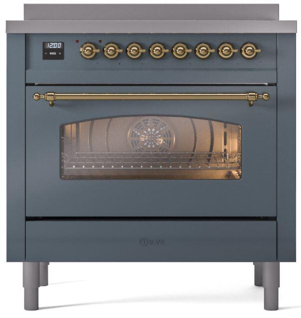 ILVE Nostalgie II 36" Electric Range, Blue Grey, Brass Trim UPI366NMPBGG