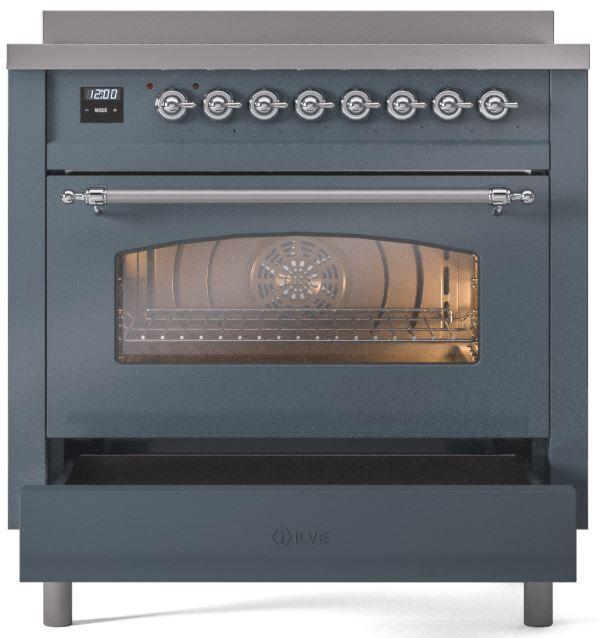 ILVE Nostalgie II 36" Electric Range, Blue Grey, Chrome Trim UPI366NMPBGC