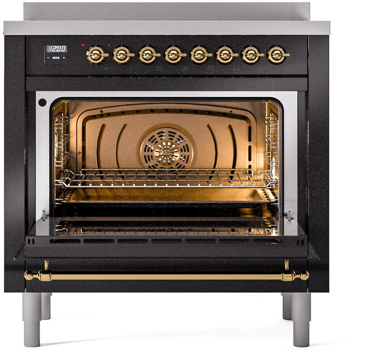 ILVE Nostalgie II 36" Electric Range, Glossy Black, Brass Trim UPI366NMPBKG