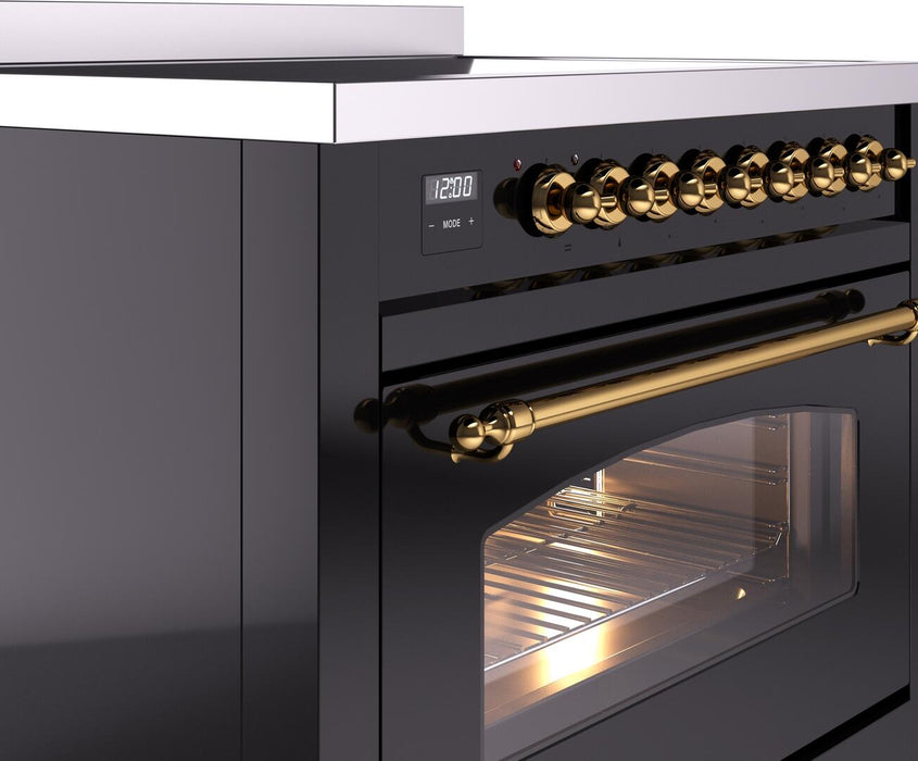 ILVE Nostalgie II 36" Electric Range, Glossy Black, Brass Trim UPI366NMPBKG