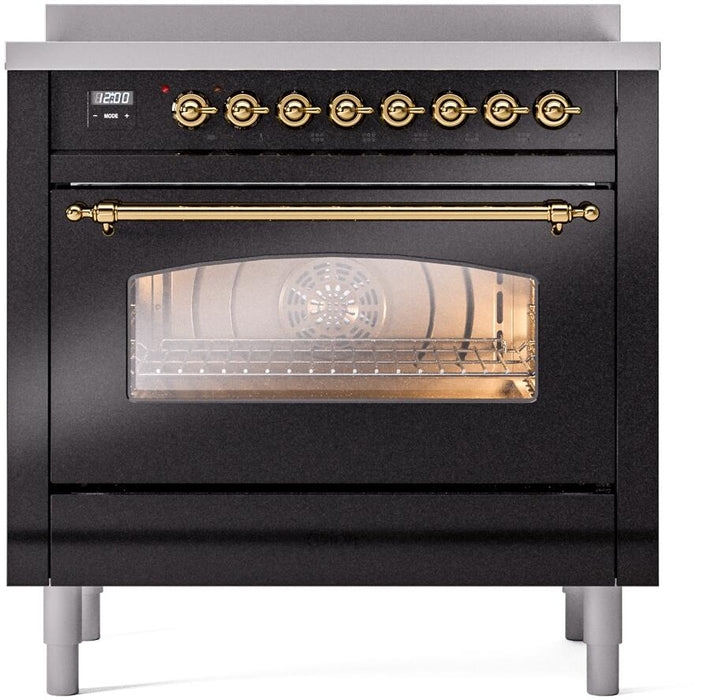 ILVE Nostalgie II 36" Electric Range, Glossy Black, Brass Trim UPI366NMPBKG