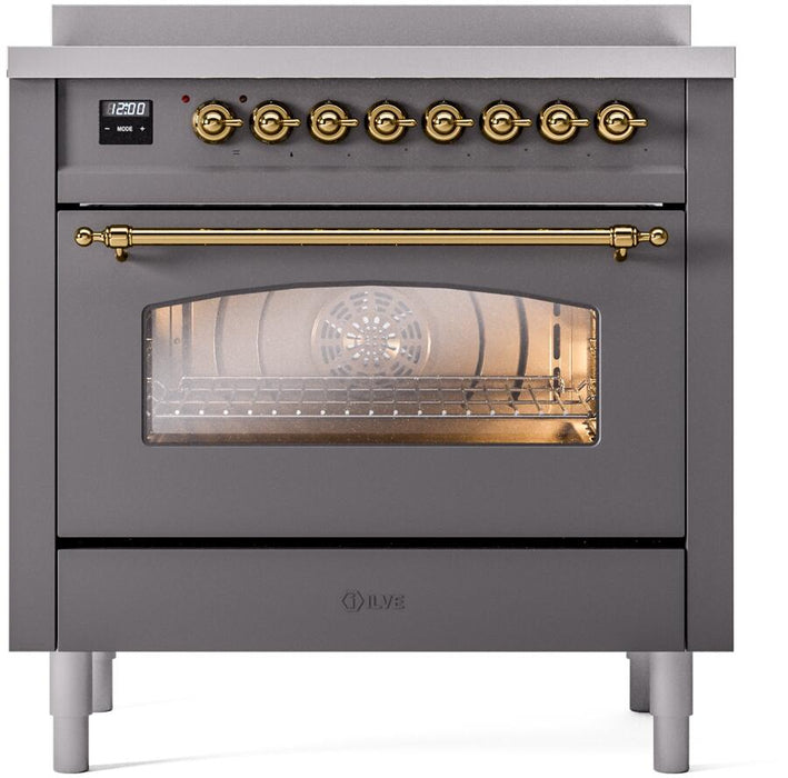 ILVE Nostalgie II 36" Electric Range, Matte Graphite, Brass Trim UPI366NMPMGG
