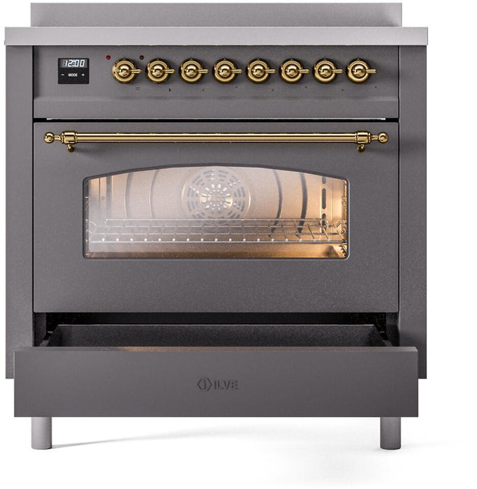 ILVE Nostalgie II 36" Electric Range, Matte Graphite, Brass Trim UPI366NMPMGG