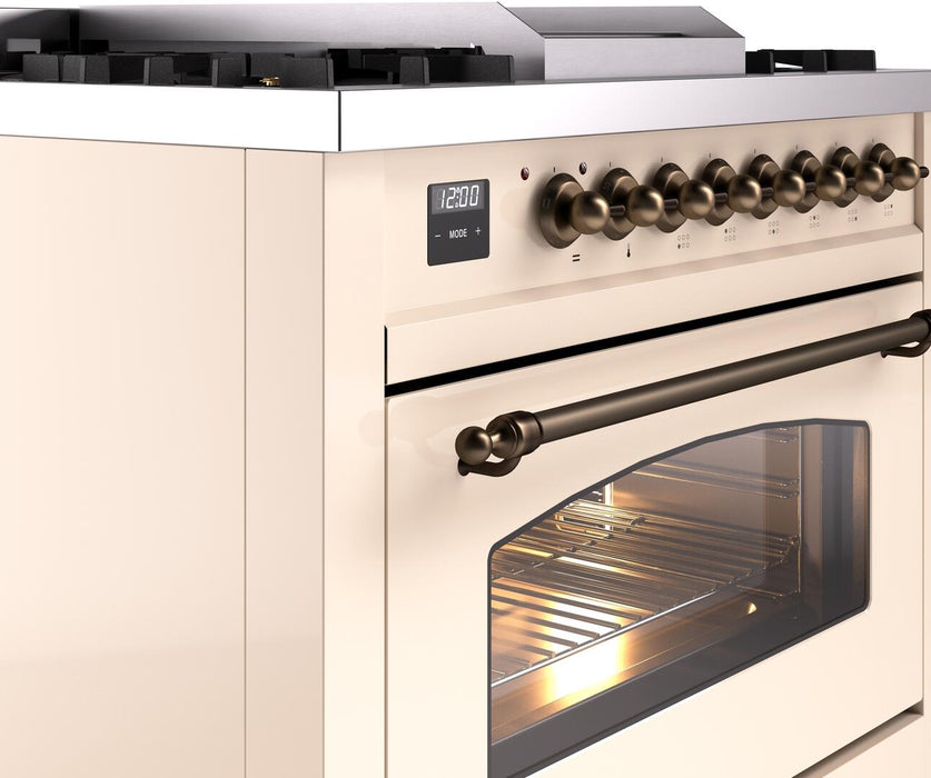 Ilve Nostalgie II 36 Inch Dual Fuel Natural Gas Freestanding Range in Antique White with Bronze Trim, UP36FNMPAWB