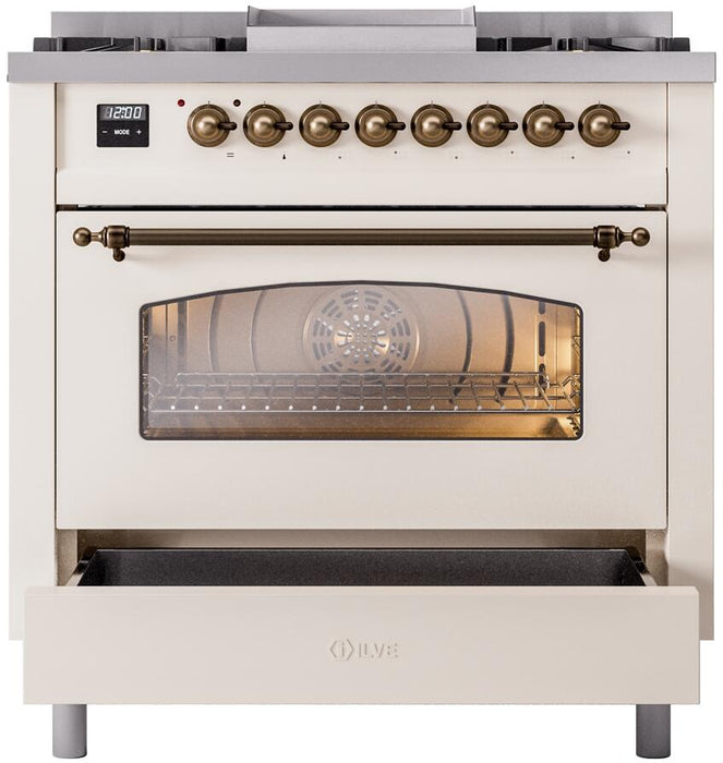 Ilve Nostalgie II 36 Inch Dual Fuel Natural Gas Freestanding Range in Antique White with Bronze Trim, UP36FNMPAWB