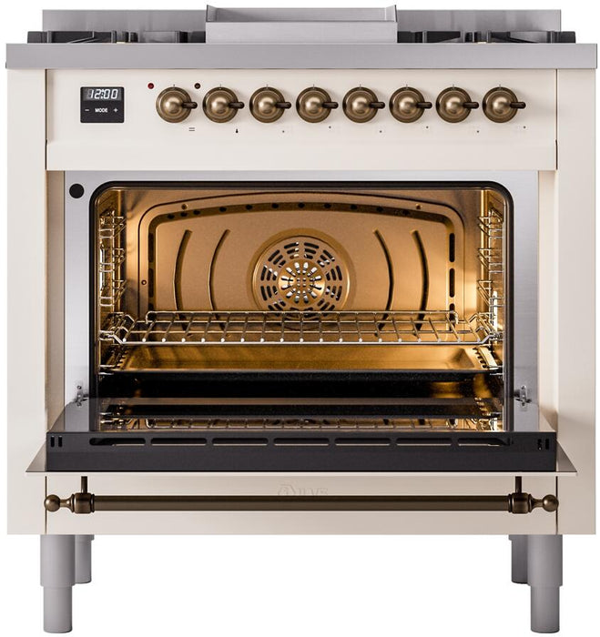 Ilve Nostalgie II 36 Inch Dual Fuel Natural Gas Freestanding Range in Antique White with Bronze Trim, UP36FNMPAWB