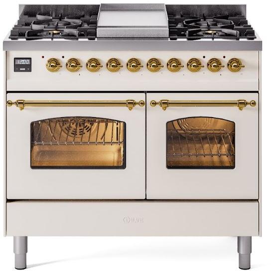 ILVE Nostalgie II 40" Dual Fuel Natural Gas Range, Antique White, Brass Trim UPD40FNMPAWG