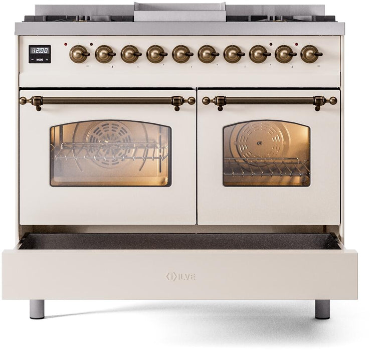 ILVE Nostalgie II 40" Dual Fuel Natural Gas Range, Antique White, Bronze Trim UPD40FNMPAWB