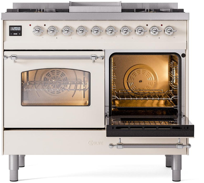 ILVE Nostalgie II 40" Dual Fuel Natural Gas Range, Antique White, Chrome Trim UPD40FNMPAWC