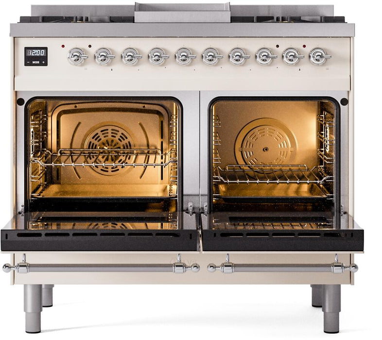 ILVE Nostalgie II 40" Dual Fuel Natural Gas Range, Antique White, Chrome Trim UPD40FNMPAWC
