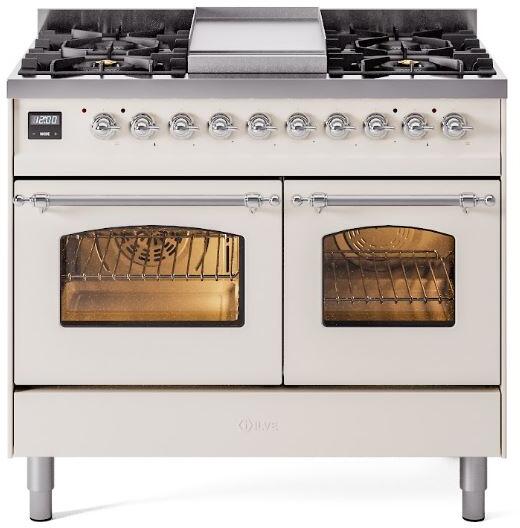 ILVE Nostalgie II 40" Dual Fuel Natural Gas Range, Antique White, Chrome Trim UPD40FNMPAWC