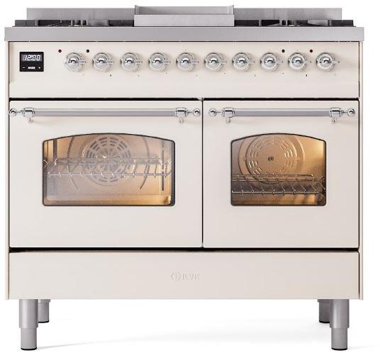 ILVE Nostalgie II 40" Dual Fuel Natural Gas Range, Antique White, Chrome Trim UPD40FNMPAWC