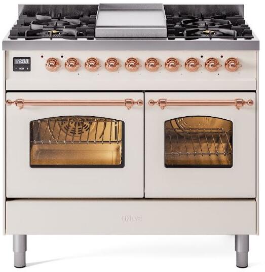 ILVE Nostalgie II 40" Dual Fuel Natural Gas Range, Antique White, Copper Trim UPD40FNMPAWP