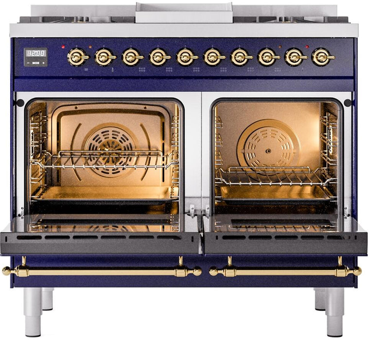ILVE Nostalgie II 40" Dual Fuel Natural Gas Range, Blue, Brass Trim UPD40FNMPMBG