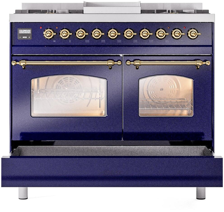 ILVE Nostalgie II 40" Dual Fuel Natural Gas Range, Blue, Brass Trim UPD40FNMPMBG