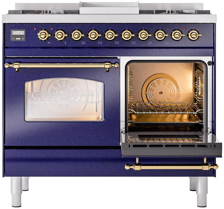 ILVE Nostalgie II 40" Dual Fuel Natural Gas Range, Blue, Brass Trim UPD40FNMPMBG
