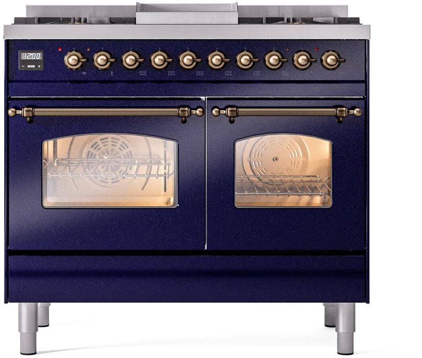 ILVE Nostalgie II 40" Dual Fuel Natural Gas Range, Blue, Bronze Trim UPD40FNMPMBB