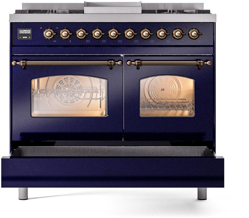 ILVE Nostalgie II 40" Dual Fuel Natural Gas Range, Blue, Bronze Trim UPD40FNMPMBB