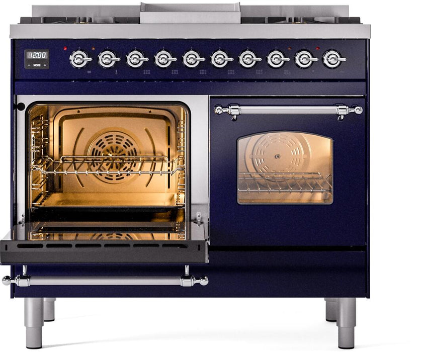 ILVE Nostalgie II 40" Dual Fuel Natural Gas Range, Blue, Chrome Trim UPD40FNMPMBC