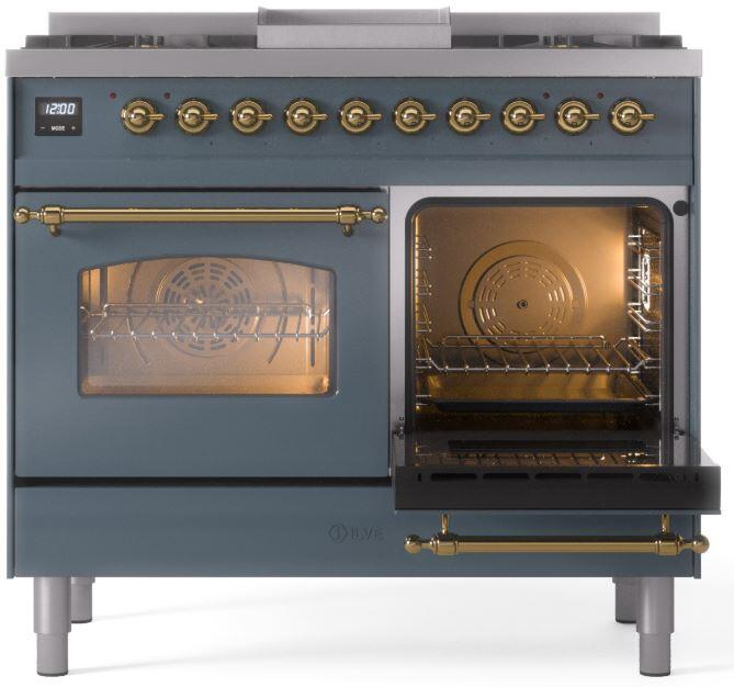 ILVE Nostalgie II 40 " Dual Fuel Natural Gas Range, Blue Grey, Brass Trim, UPD40FNMPBGG