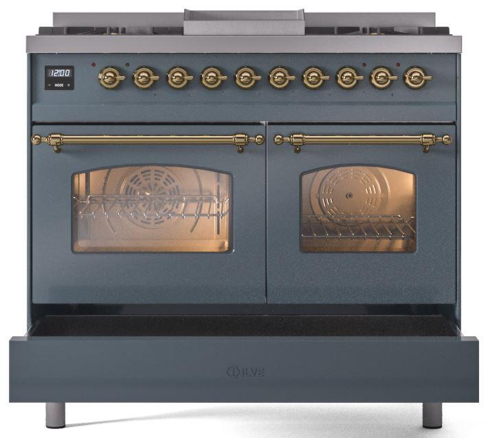 ILVE Nostalgie II 40 " Dual Fuel Natural Gas Range, Blue Grey, Brass Trim, UPD40FNMPBGG