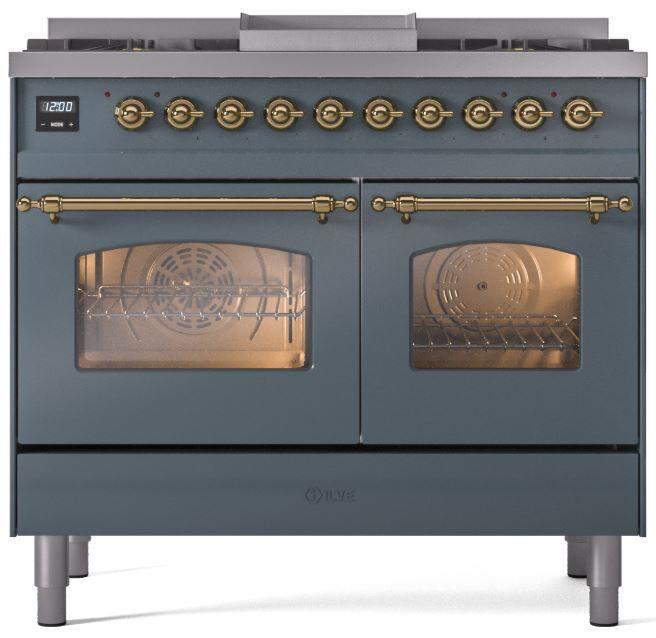ILVE Nostalgie II 40 " Dual Fuel Natural Gas Range, Blue Grey, Brass Trim, UPD40FNMPBGG
