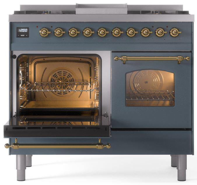 ILVE Nostalgie II 40 " Dual Fuel Natural Gas Range, Blue Grey, Brass Trim, UPD40FNMPBGG