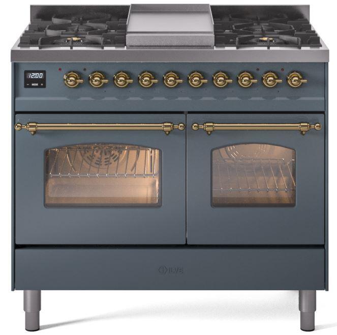 ILVE Nostalgie II 40 " Dual Fuel Natural Gas Range, Blue Grey, Brass Trim, UPD40FNMPBGG