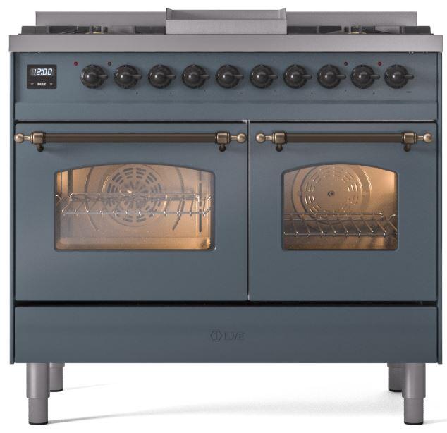 ILVE Nostalgie II 40 " Dual Fuel Natural Gas Range, Blue Grey, Bronze Trim, UPD40FNMPBGB