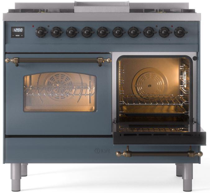 ILVE Nostalgie II 40 " Dual Fuel Natural Gas Range, Blue Grey, Bronze Trim, UPD40FNMPBGB