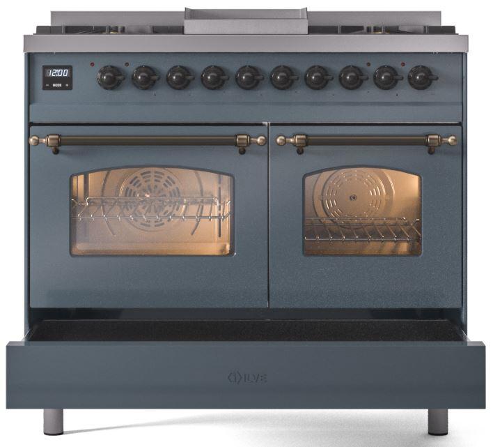 ILVE Nostalgie II 40 " Dual Fuel Natural Gas Range, Blue Grey, Bronze Trim, UPD40FNMPBGB
