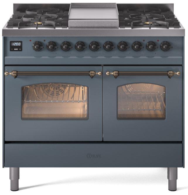 ILVE Nostalgie II 40 " Dual Fuel Natural Gas Range, Blue Grey, Bronze Trim, UPD40FNMPBGB