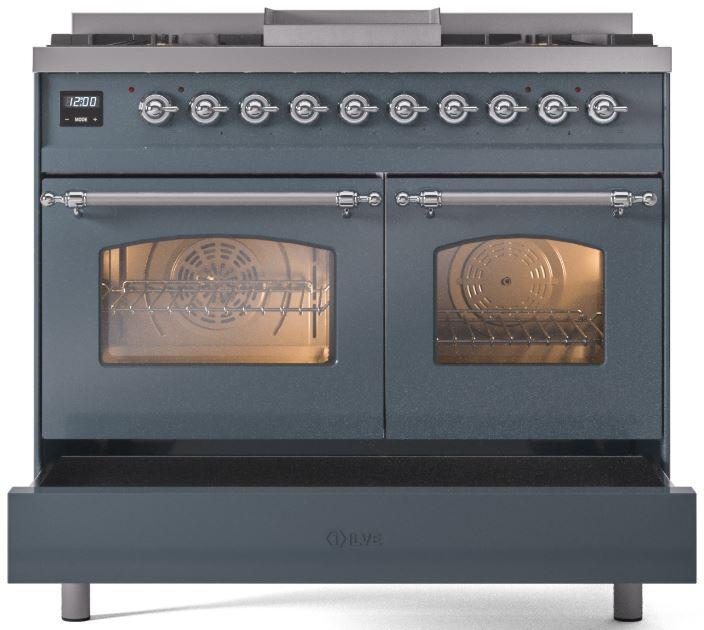 ILVE Nostalgie II 40 " Dual Fuel Natural Gas Range, Blue Grey, Chrome Trim, UPD40FNMPBGC