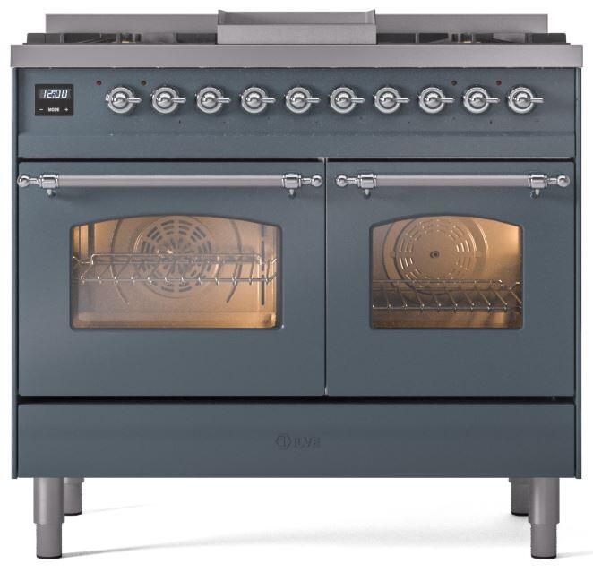 ILVE Nostalgie II 40 " Dual Fuel Natural Gas Range, Blue Grey, Chrome Trim, UPD40FNMPBGC