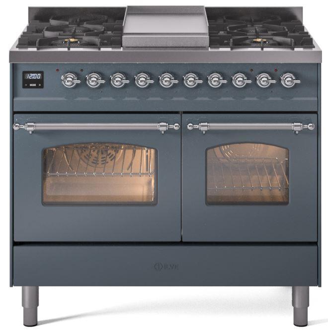 ILVE Nostalgie II 40 " Dual Fuel Natural Gas Range, Blue Grey, Chrome Trim, UPD40FNMPBGC