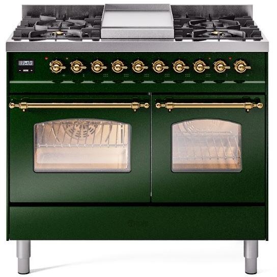 ILVE Nostalgie II 40" Dual Fuel Natural Gas Range, Emerald Green, Brass Trim UPD40FNMPEGG