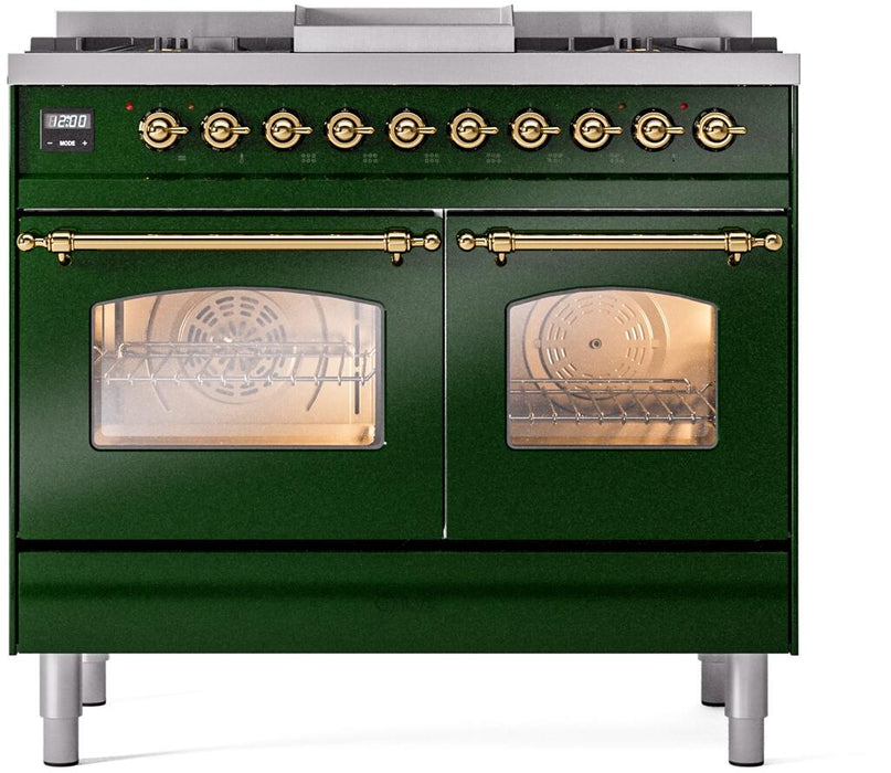 ILVE Nostalgie II 40" Dual Fuel Natural Gas Range, Emerald Green, Brass Trim UPD40FNMPEGG