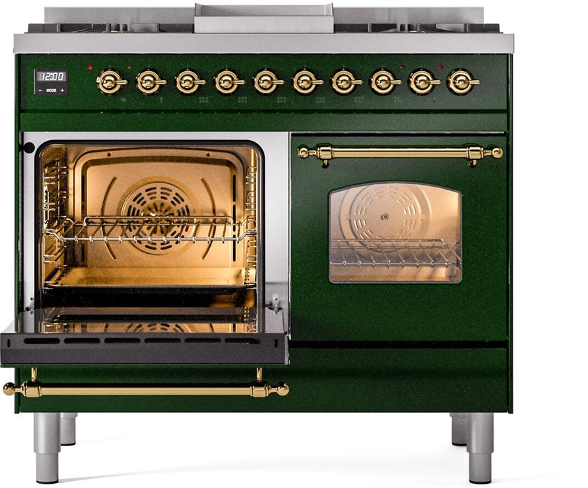 ILVE Nostalgie II 40" Dual Fuel Natural Gas Range, Emerald Green, Brass Trim UPD40FNMPEGG