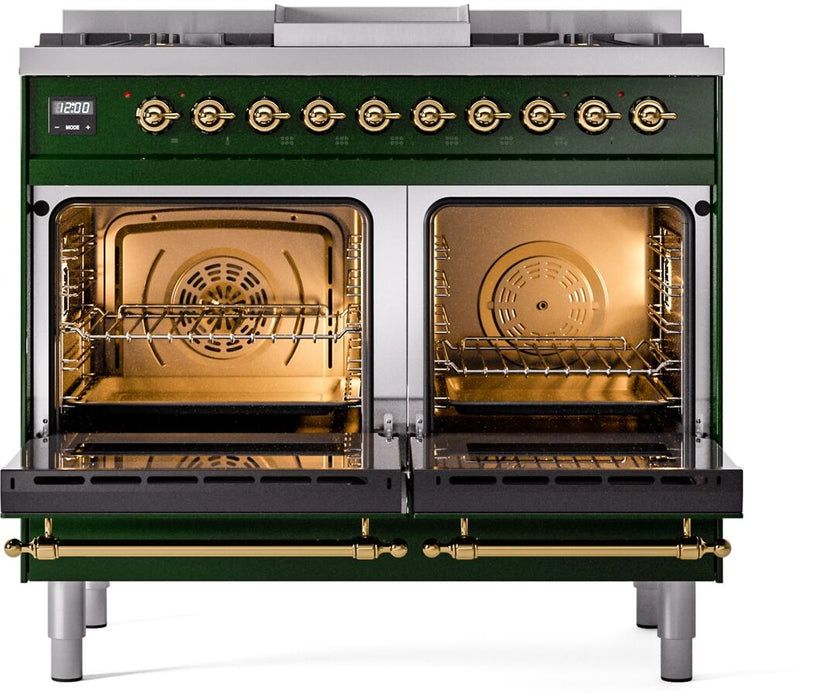 ILVE Nostalgie II 40" Dual Fuel Natural Gas Range, Emerald Green, Brass Trim UPD40FNMPEGG