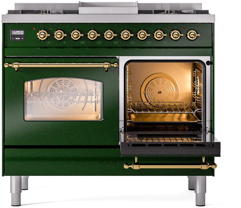 ILVE Nostalgie II 40" Dual Fuel Natural Gas Range, Emerald Green, Brass Trim UPD40FNMPEGG