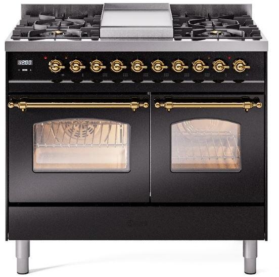 ILVE Nostalgie II 40" Dual Fuel Natural Gas Range, Glossy Black, Brass Trim UPD40FNMPBKG