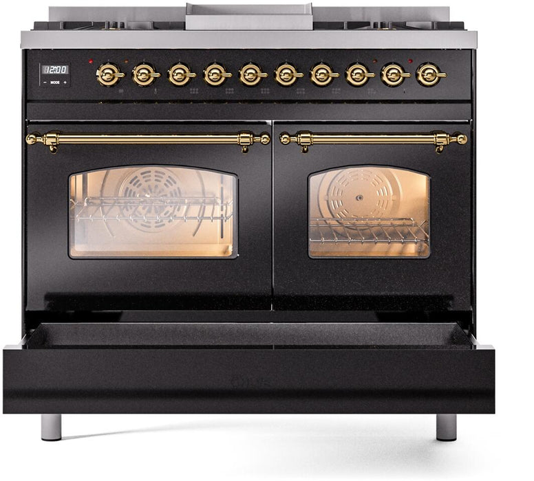 ILVE Nostalgie II 40" Dual Fuel Natural Gas Range, Glossy Black, Brass Trim UPD40FNMPBKG