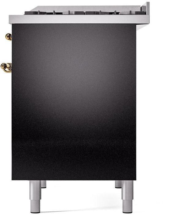 ILVE Nostalgie II 40" Dual Fuel Natural Gas Range, Glossy Black, Brass Trim UPD40FNMPBKG