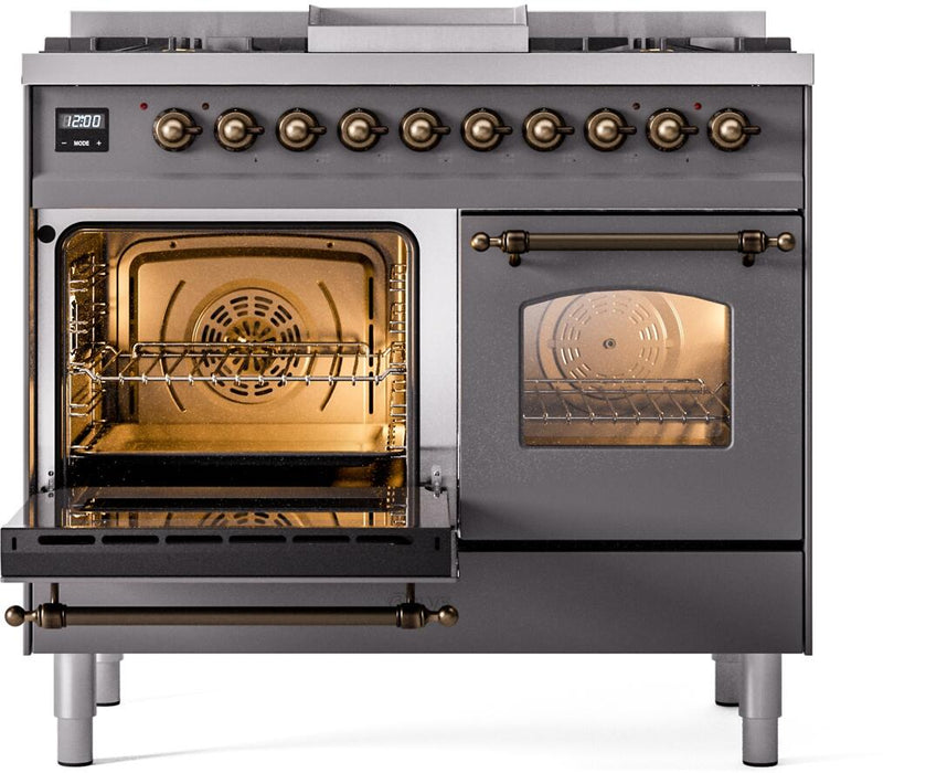 ILVE Nostalgie II 40" Dual Fuel Natural Gas Range, Matte Graphite, Bronze Trim UPD40FNMPMGB